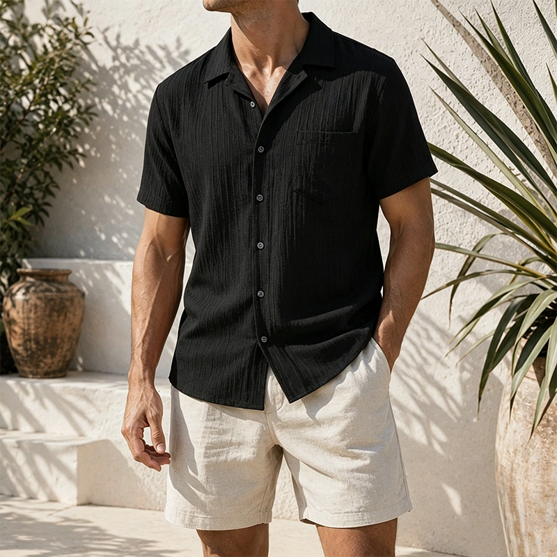 Mivanity Men's Casual Vertical Striped Textured Lapel Solid Color Short-sleeved Shirts
