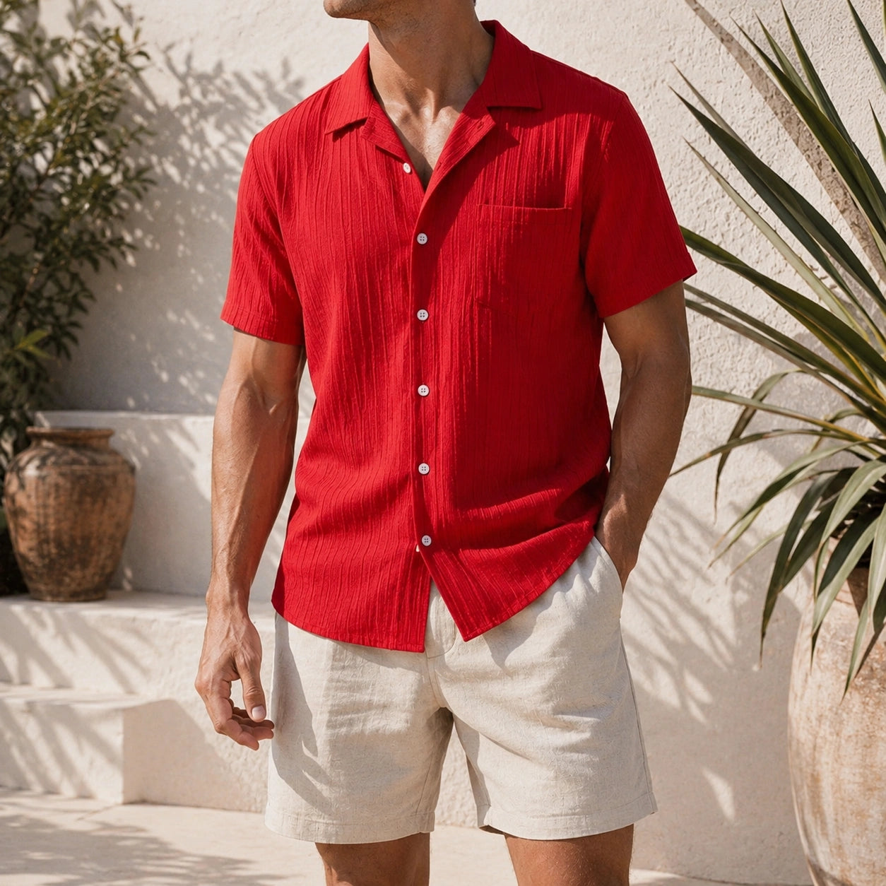 Mivanity Men's Casual Vertical Striped Textured Lapel Solid Color Short-sleeved Shirts