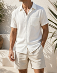Mivanity Men's Casual Vertical Striped Textured Lapel Solid Color Short-sleeved Shirts