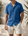 Mivanity Men's Casual Vertical Striped Textured Lapel Solid Color Short-sleeved Shirts
