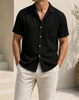 Mivanity Men's Cuban Collar Pocket Solid Color Vertical Striped Pocket Short-sleeved Shirt