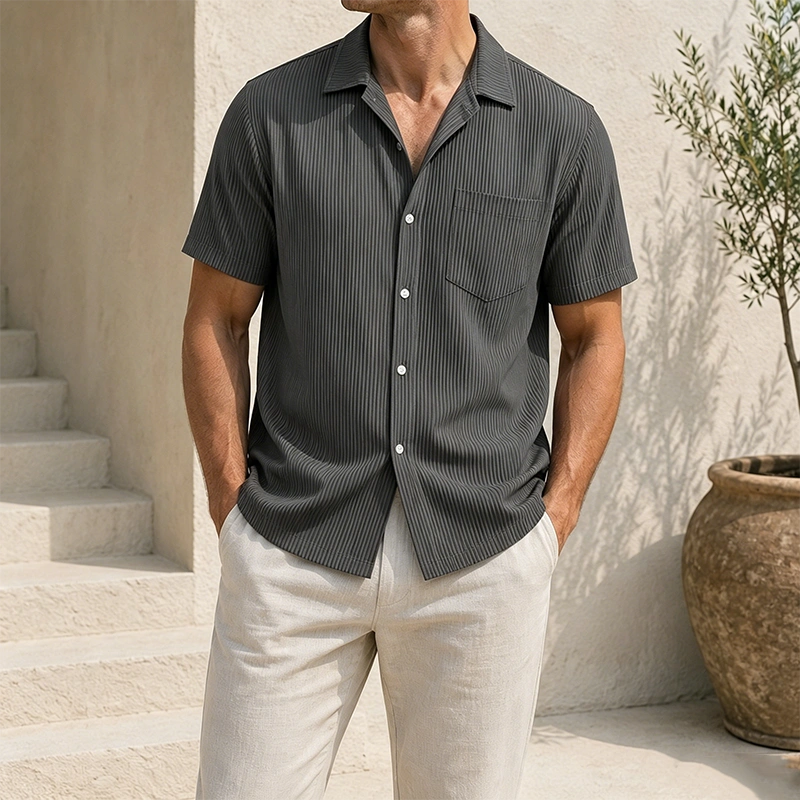 Mivanity Men's Cuban Collar Pocket Solid Color Vertical Striped Pocket Short-sleeved Shirt