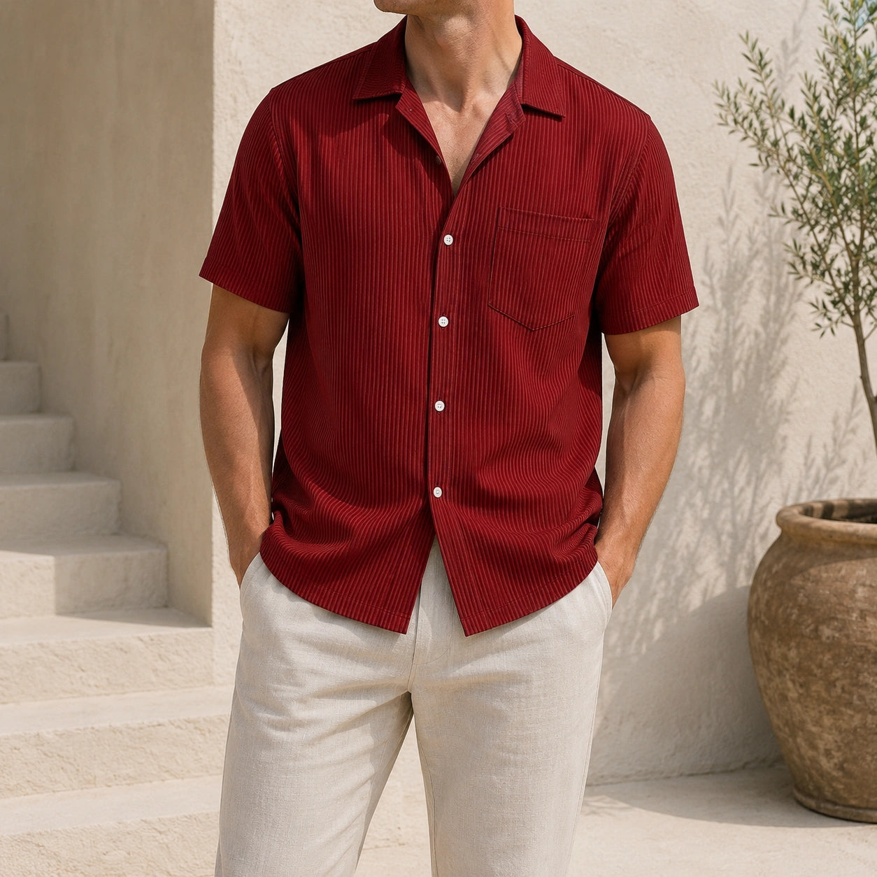 Mivanity Men's Cuban Collar Pocket Solid Color Vertical Striped Pocket Short-sleeved Shirt