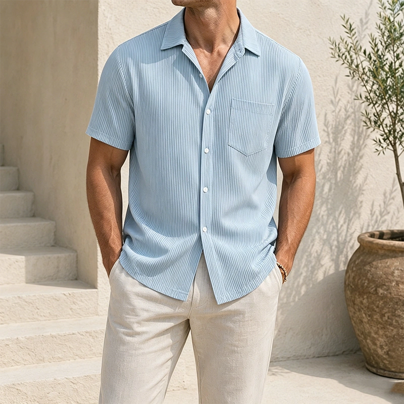 Mivanity Men's Cuban Collar Pocket Solid Color Vertical Striped Pocket Short-sleeved Shirt
