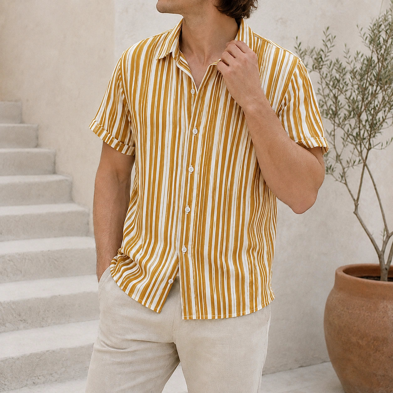 Mivanity Men's Striped Loose Fit Lapel Collar Short Sleeve Casual Shirts