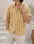 Mivanity Men's Striped Loose Fit Lapel Collar Short Sleeve Casual Shirts