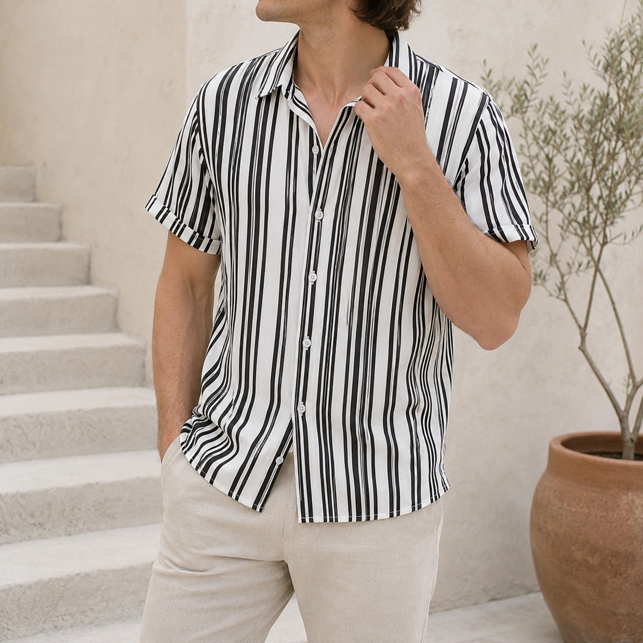 Mivanity Men's Striped Loose Fit Lapel Collar Short Sleeve Casual Shirts