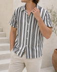 Mivanity Men's Striped Loose Fit Lapel Collar Short Sleeve Casual Shirts