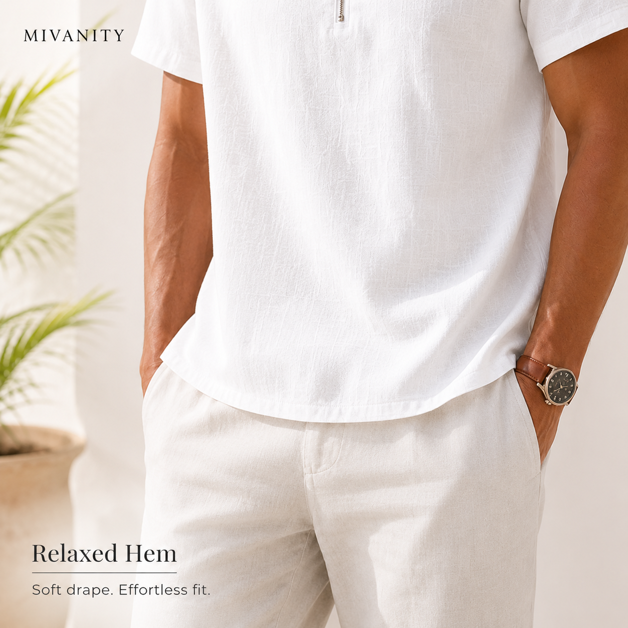 Mivanity Men’s Textured Linen-Blend Quarter-Zip Shirt