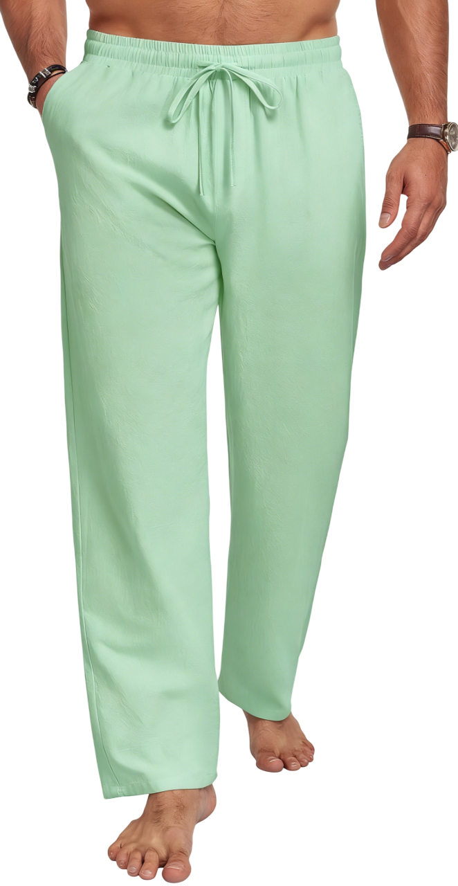 Men's Cotton Linen Blend Casual Beach Pants Relaxed Fit with Elastic Waistband and Drawstring Detail