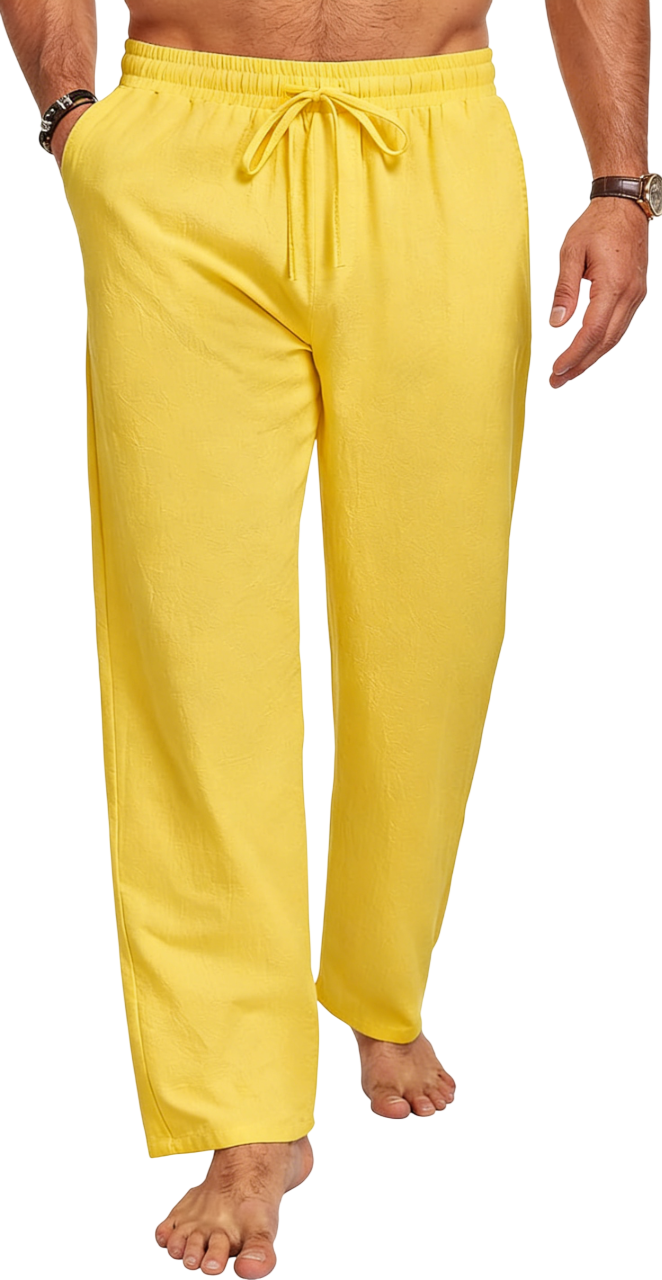 Men's Cotton Linen Blend Casual Beach Pants Relaxed Fit with Elastic Waistband and Drawstring Detail