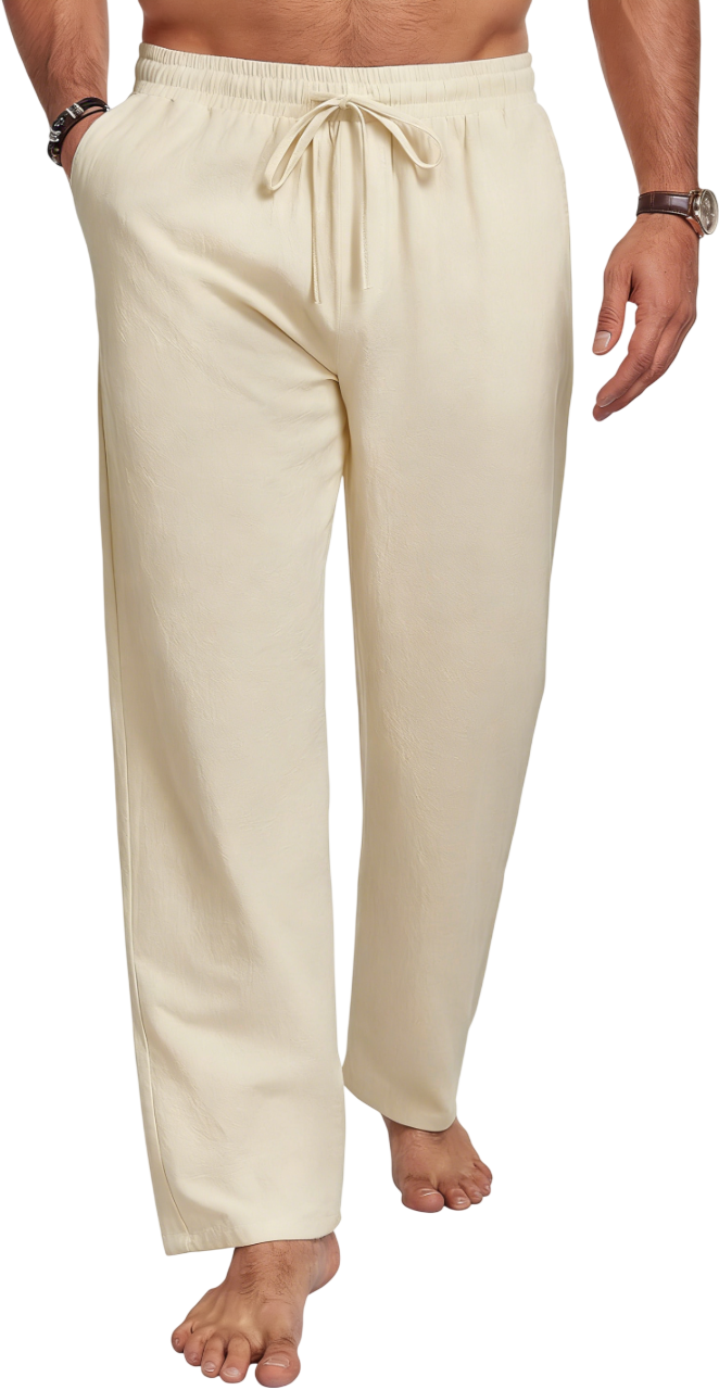 Men's Cotton Linen Blend Casual Beach Pants Relaxed Fit with Elastic Waistband and Drawstring Detail