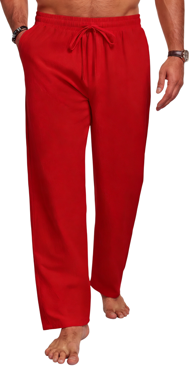 Men's Cotton Linen Blend Casual Beach Pants Relaxed Fit with Elastic Waistband and Drawstring Detail