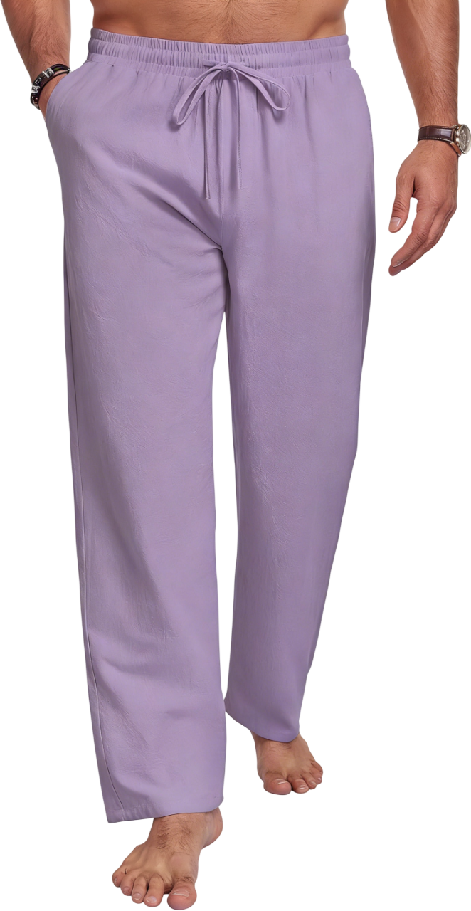 Men's Cotton Linen Blend Casual Beach Pants Relaxed Fit with Elastic Waistband and Drawstring Detail