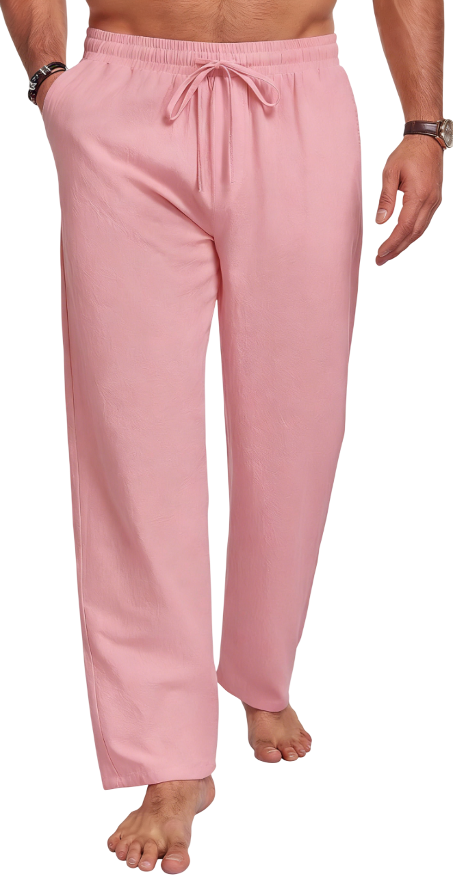 Men's Cotton Linen Blend Casual Beach Pants Relaxed Fit with Elastic Waistband and Drawstring Detail
