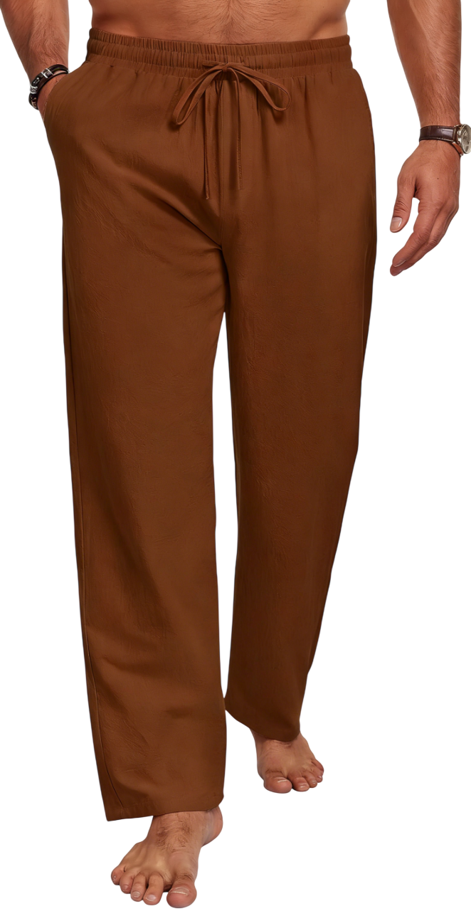 Men's Cotton Linen Blend Casual Beach Pants Relaxed Fit with Elastic Waistband and Drawstring Detail