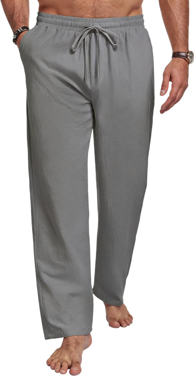 Men's Cotton Linen Blend Casual Beach Pants Relaxed Fit with Elastic Waistband and Drawstring Detail