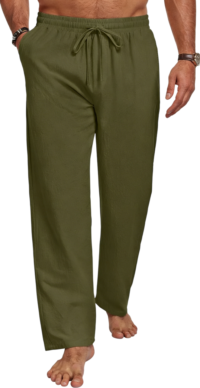 Men's Cotton Linen Blend Casual Beach Pants Relaxed Fit with Elastic Waistband and Drawstring Detail