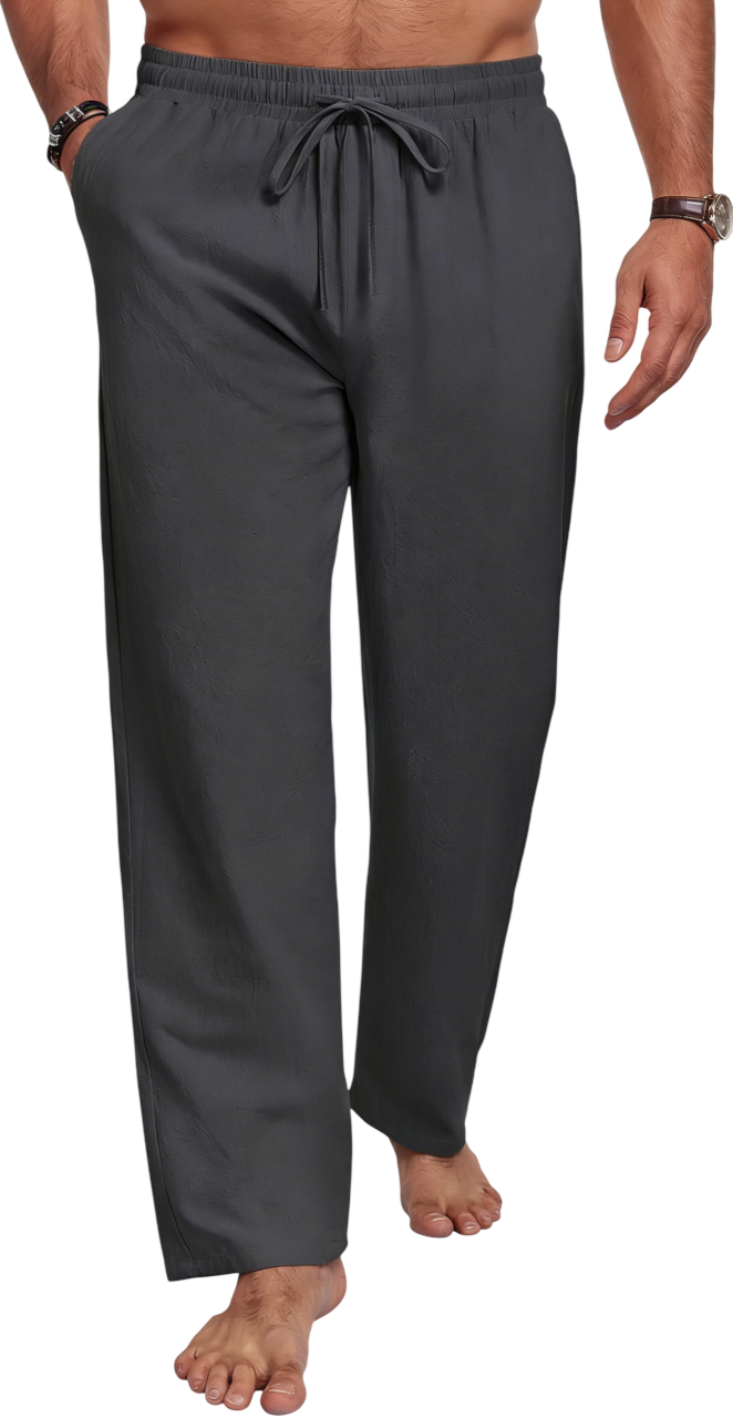 Men's Cotton Linen Blend Casual Beach Pants Relaxed Fit with Elastic Waistband and Drawstring Detail