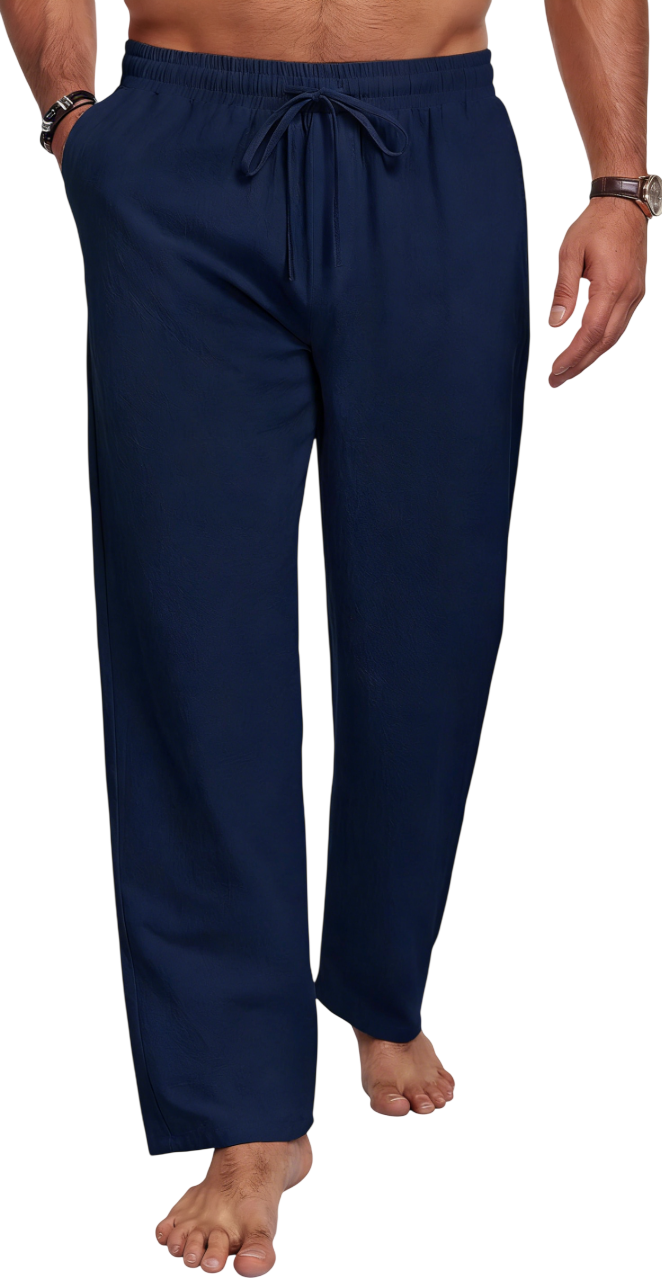 Men's Cotton Linen Blend Casual Beach Pants Relaxed Fit with Elastic Waistband and Drawstring Detail