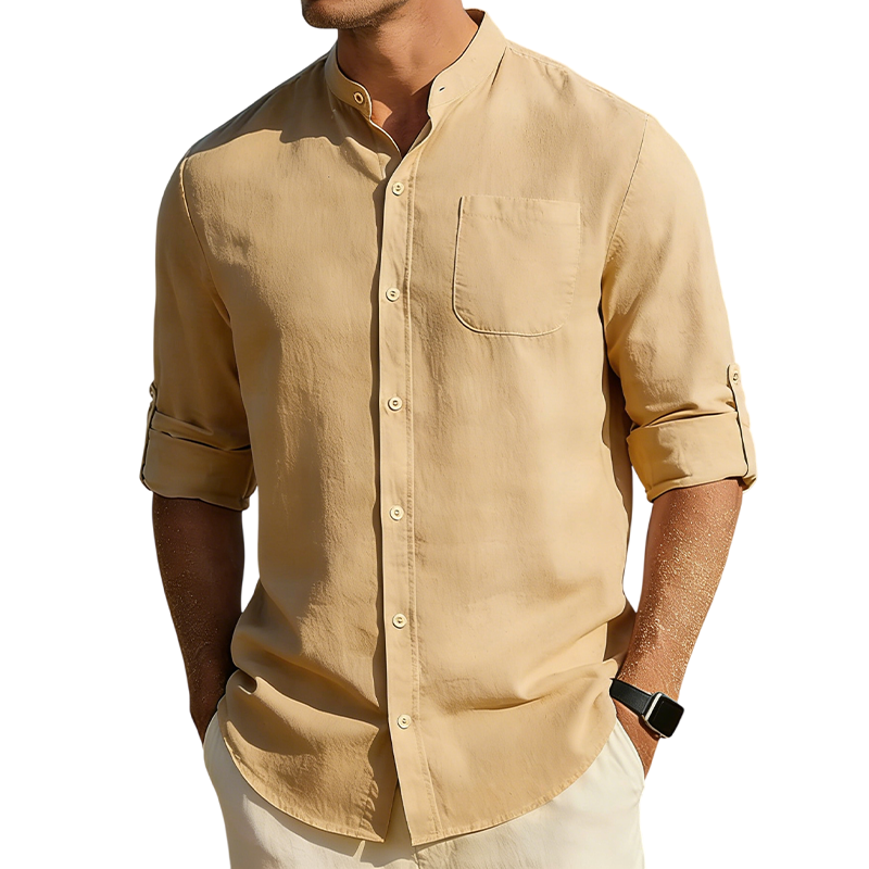 Men’s Cotton Linen Band Collar Shirt
