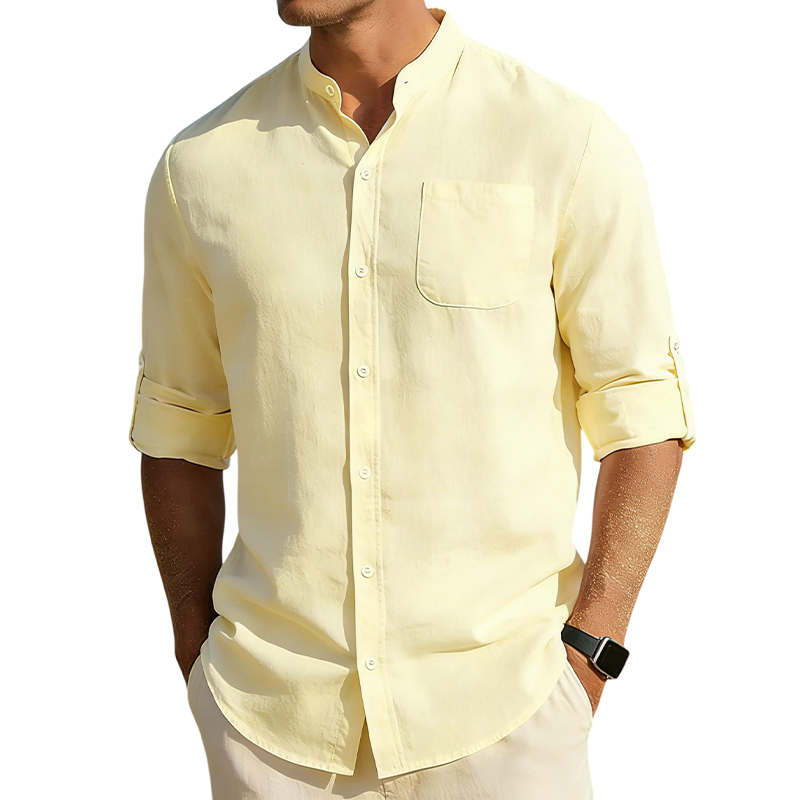 Men’s Cotton Linen Band Collar Shirt