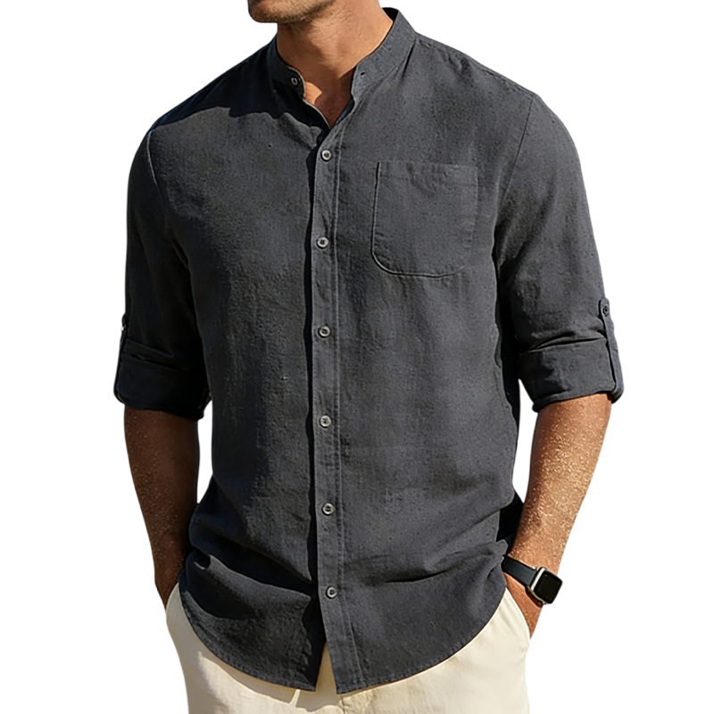 Men’s Cotton Linen Band Collar Shirt
