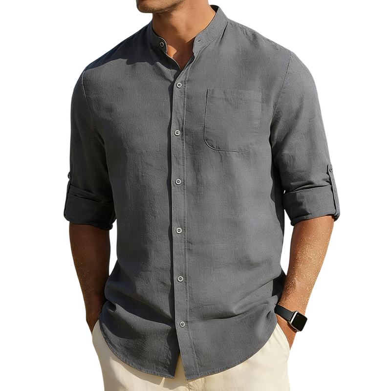 Men’s Cotton Linen Band Collar Shirt