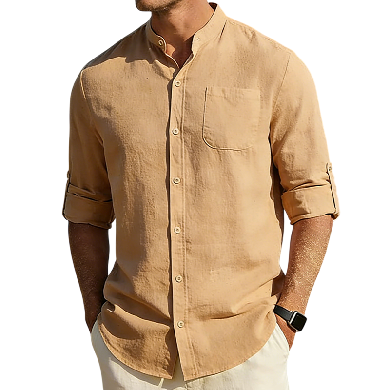 Men’s Cotton Linen Band Collar Shirt